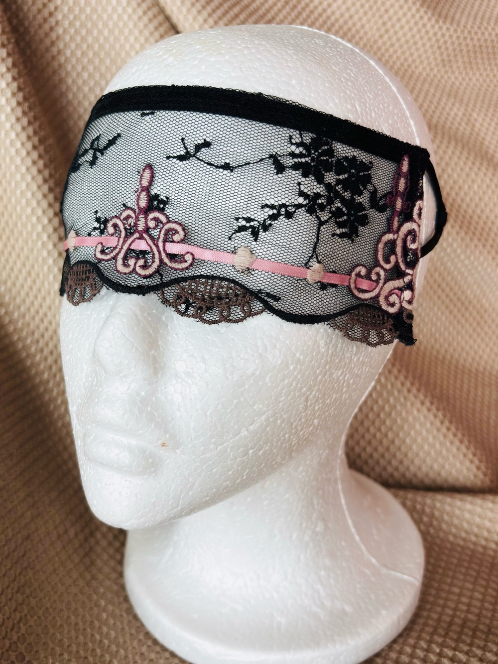 NWOT - Sheer Black Embroidered Lace Eye Mask with Pink Accent